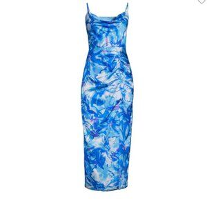 EUC Blue *Milly* Liliana Brushstroke Floral Midi Dress | Cowl Neckline | Size 0